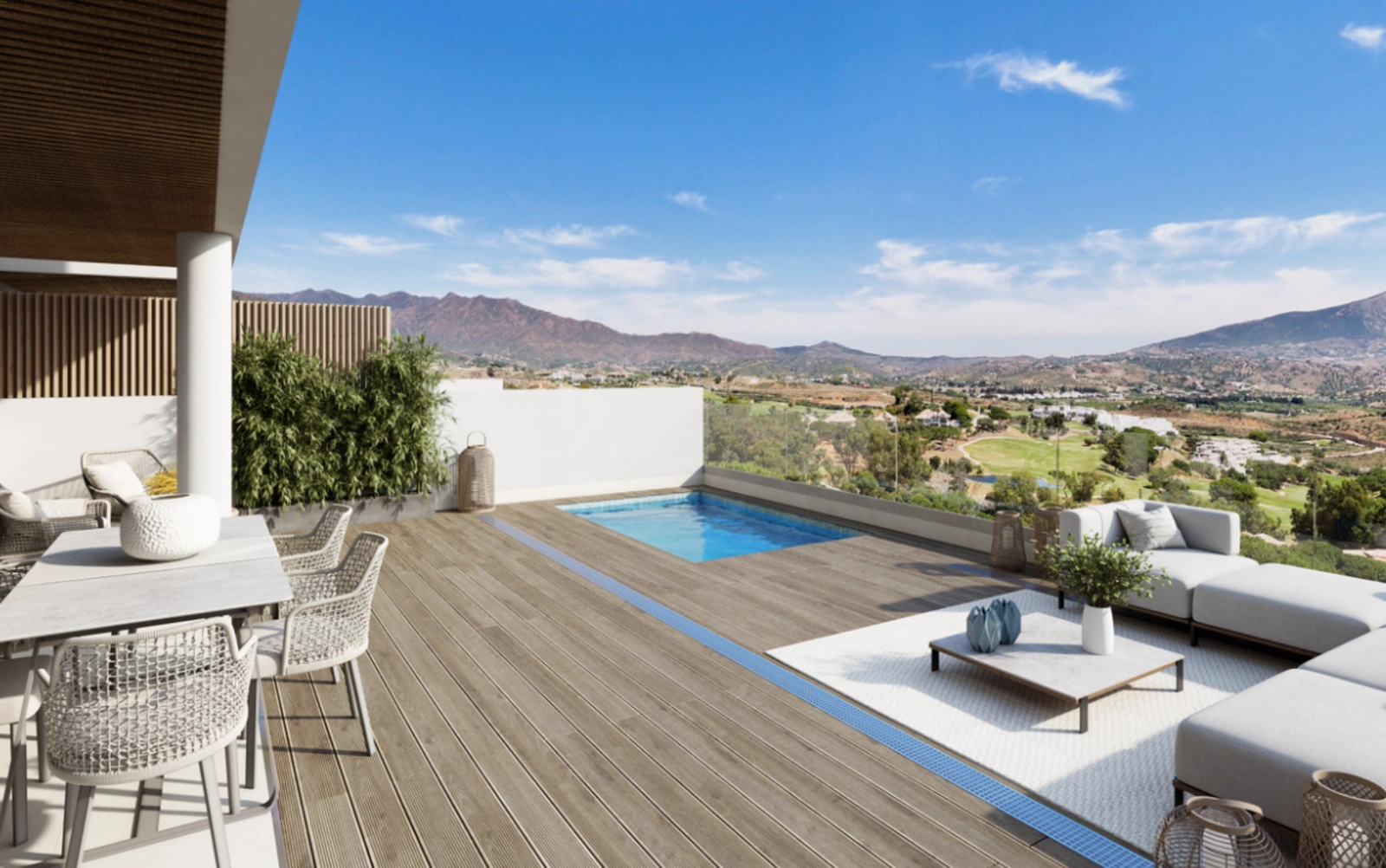 En fantastisk privat tagterrasse med swimmingpool og panoramaudsigt over Mijas-bjergene og golfbanen.