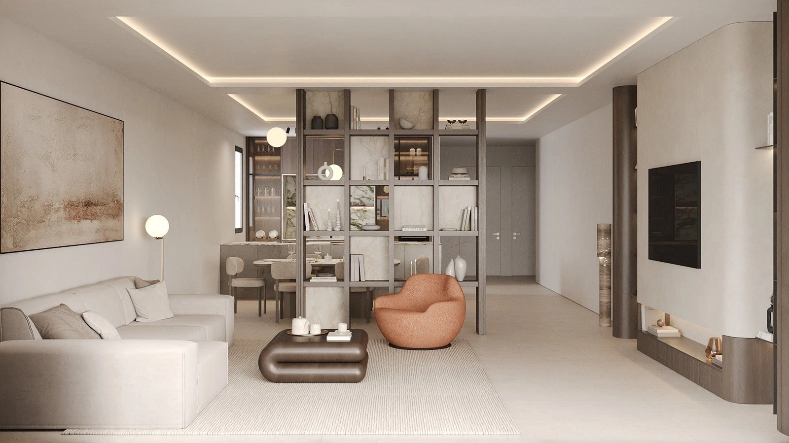 Lyse og sofistikerede opholdsområder designet til komfort og moderne elegance.