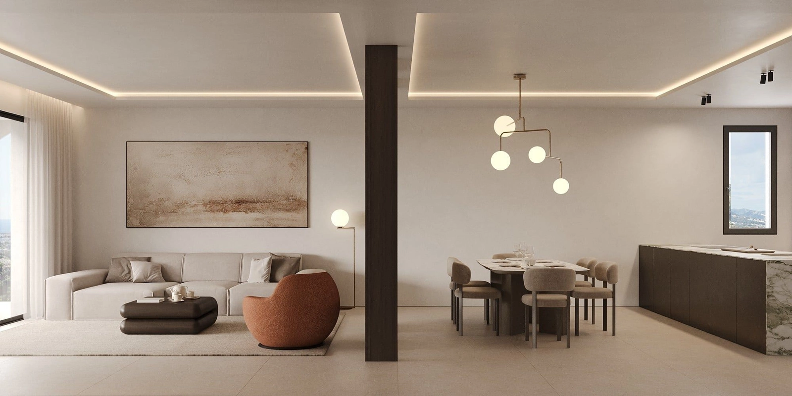 Åbne interiører skaber en følelse af rummelighed og lys, ideel til moderne livsstil.