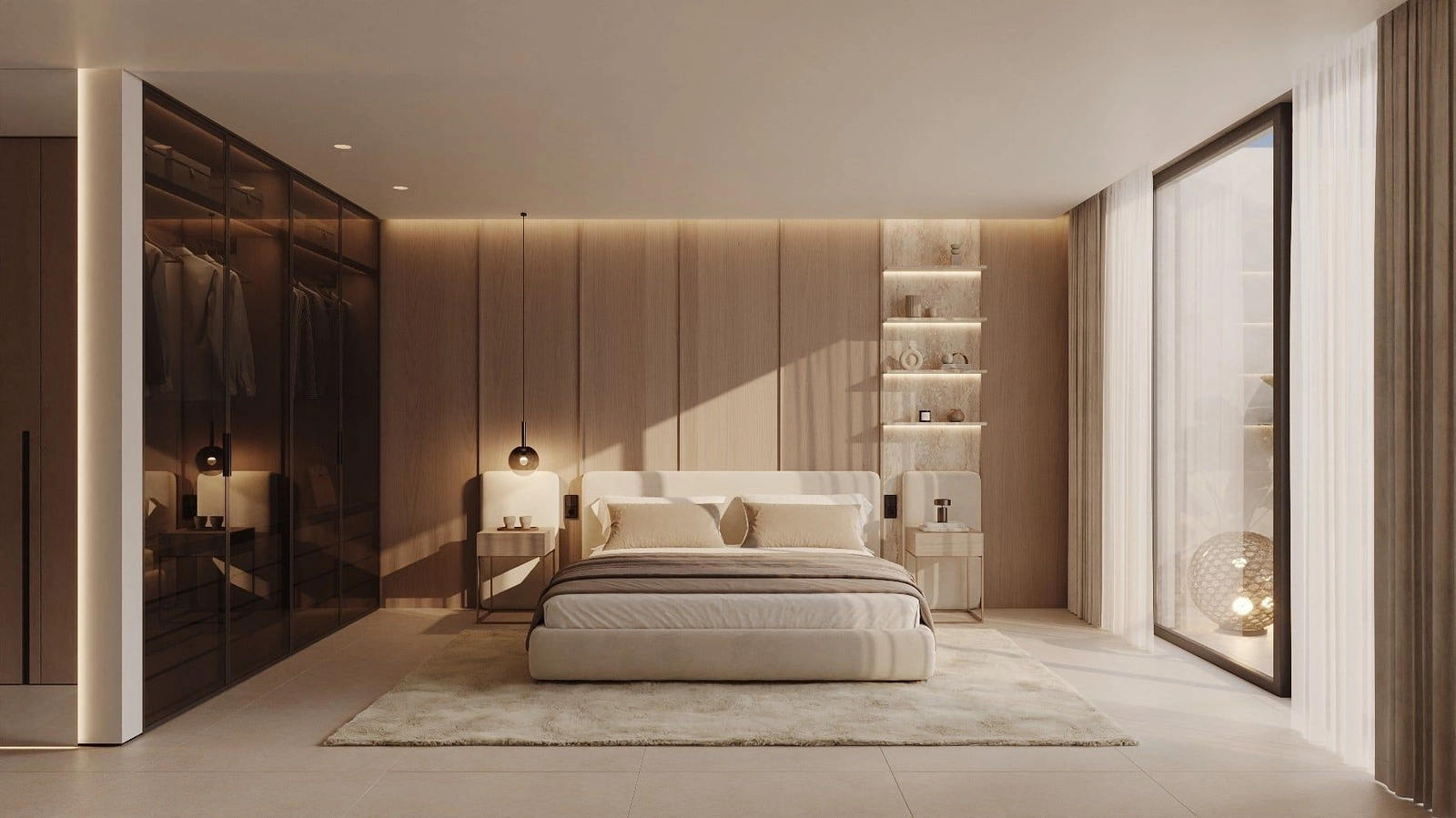 Elegant design og rigelig opbevaringsplads, inklusive et stilfuldt integreret garderobeskab i mastersuiten.