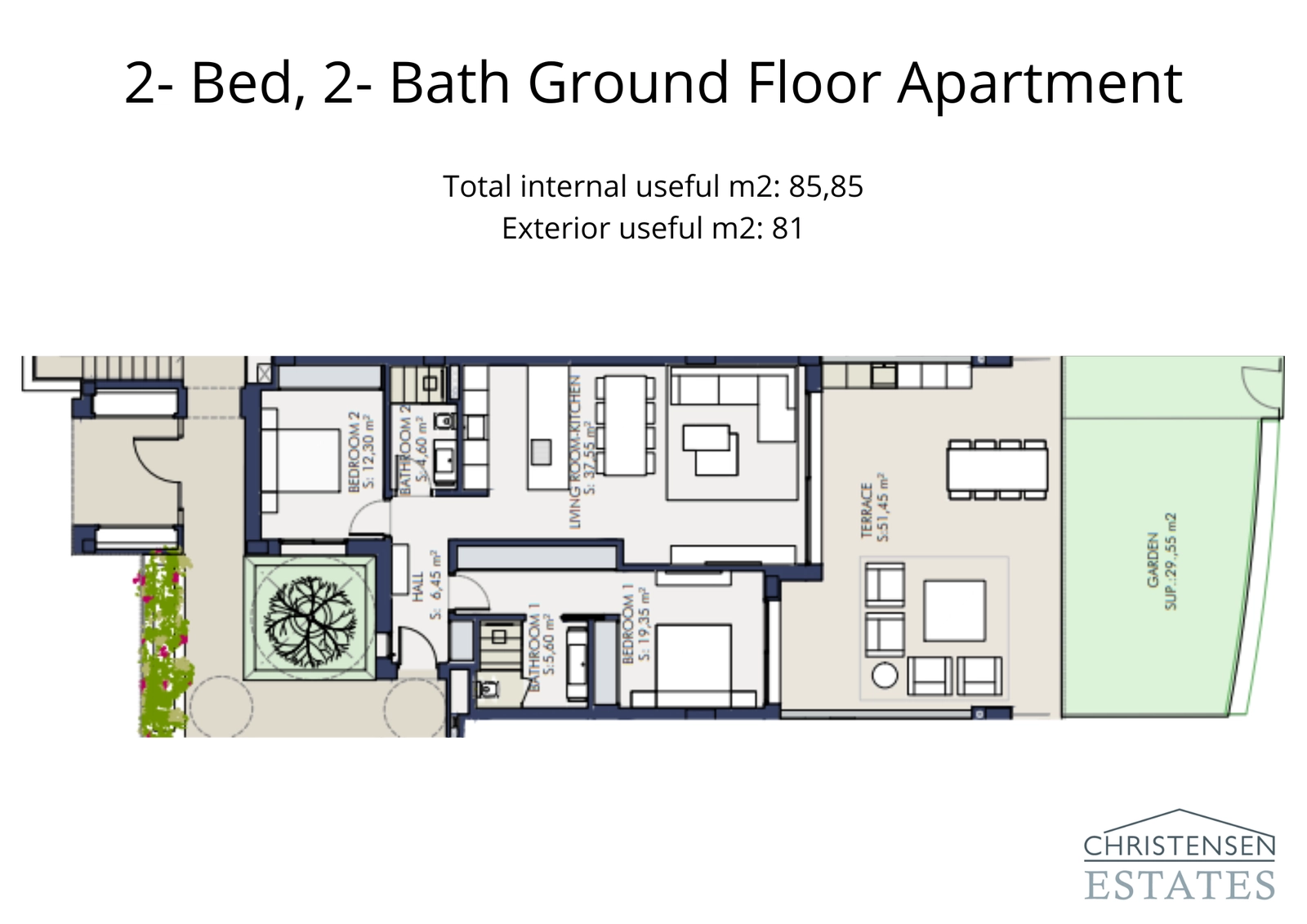 En gennemtænkt indretning med to soveværelser i stueetagen, med en flydende overgang til en stor terrasse og privat have.