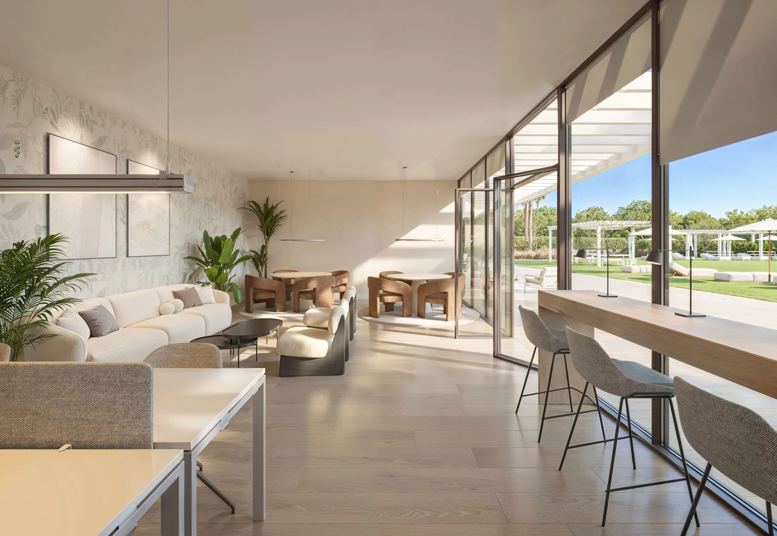 Et dedikeret co-working-område tilbyder et roligt og elegant miljø til arbejde eller møder.
