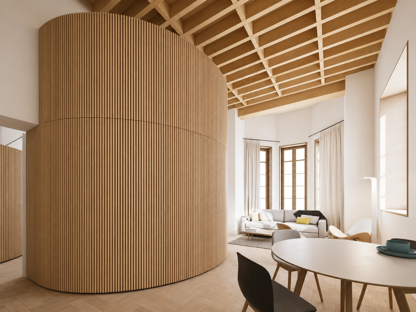 De åbne spise- og opholdsområder er designet til moderne livsstil med unikke arkitektoniske detaljer.