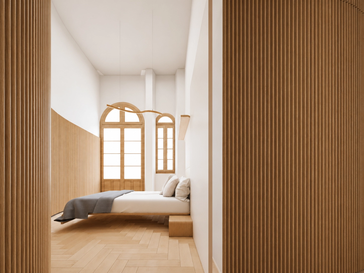 Soveværelser er designet som fredfyldte tilflugtssteder med naturlige trægulve og en minimalistisk stil.