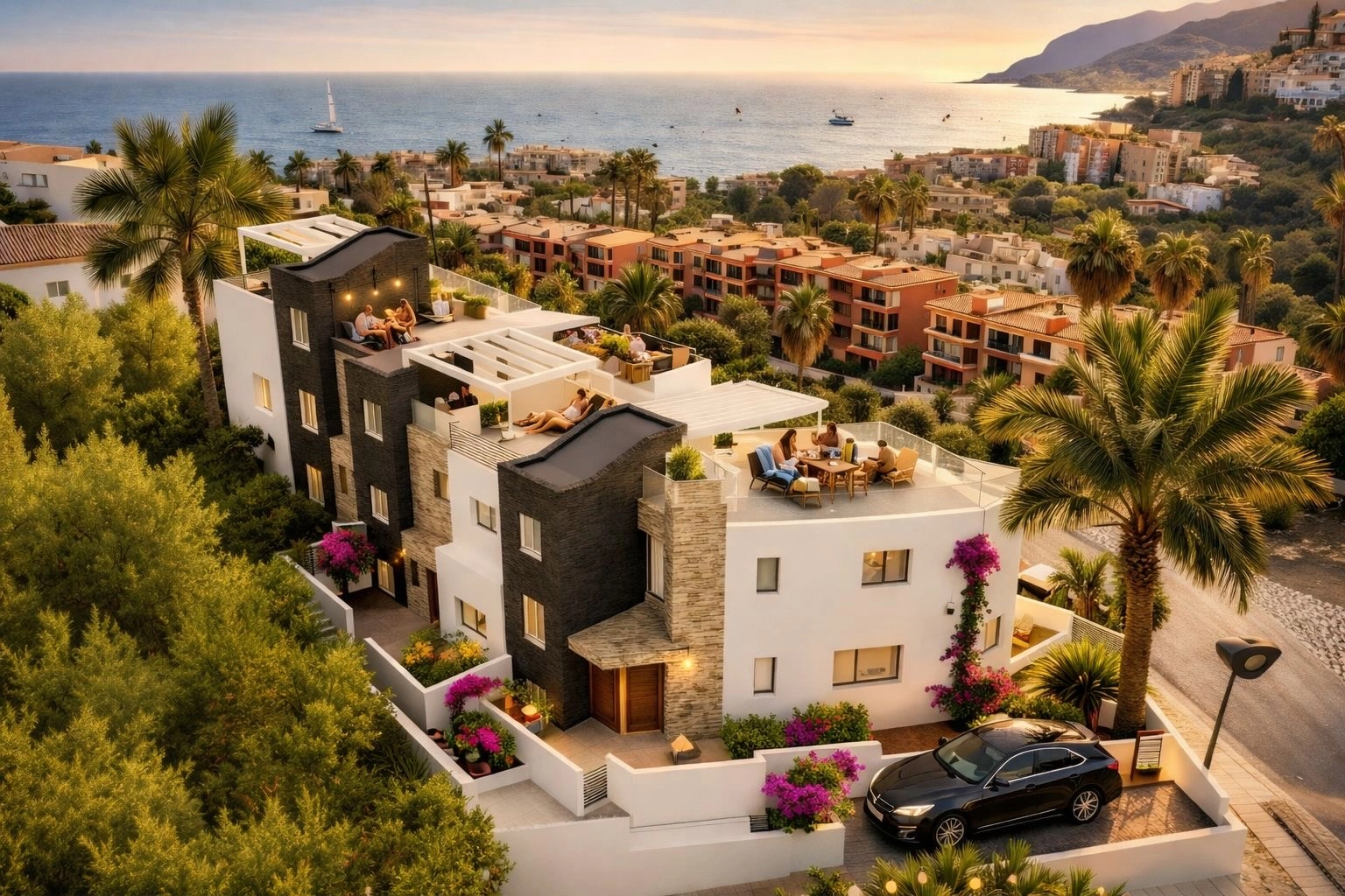 Når aftenen falder på, bliver tagterrasserne perfekte steder til afslapning og til at nyde solnedgangen over Middelhavet.