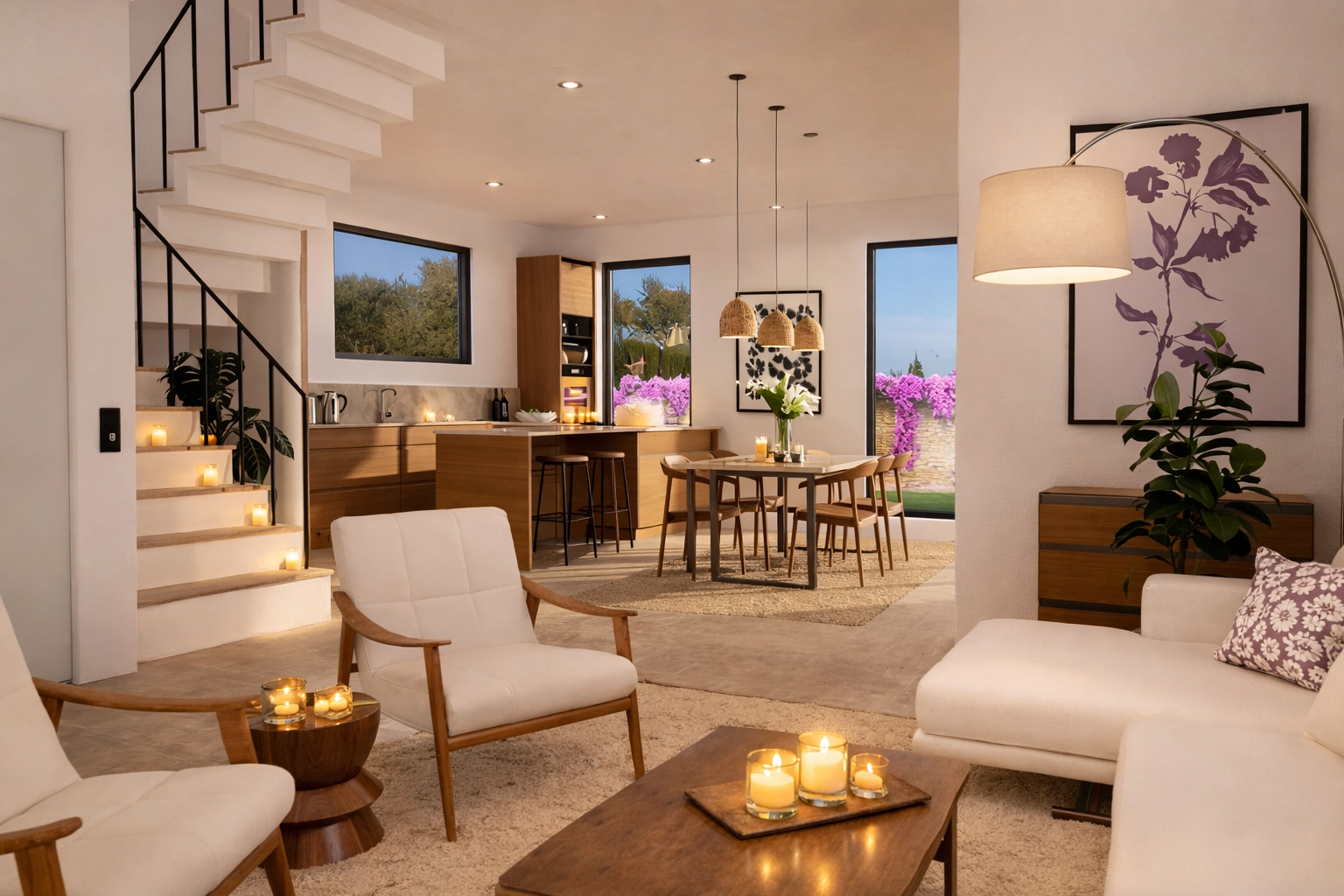 Det åbne planløsningsdesign forbinder stue-, spise- og køkkenområder og skaber en harmonisk strøm gennem hele stueetagen.