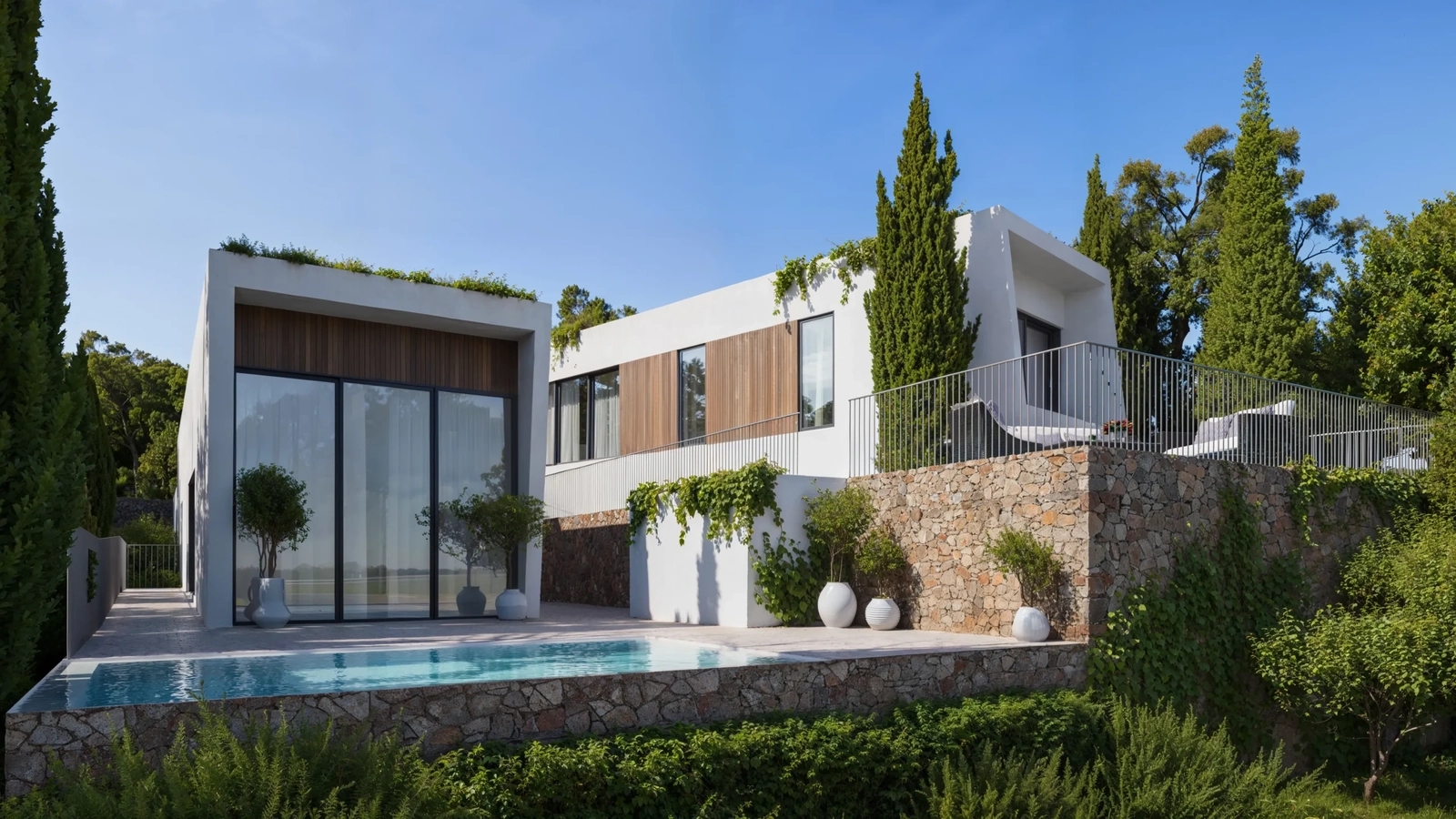 Rene linjer og naturlige materialer skaber et sofistikeret ydre, der er i fuld harmoni med dets naturlige omgivelser.