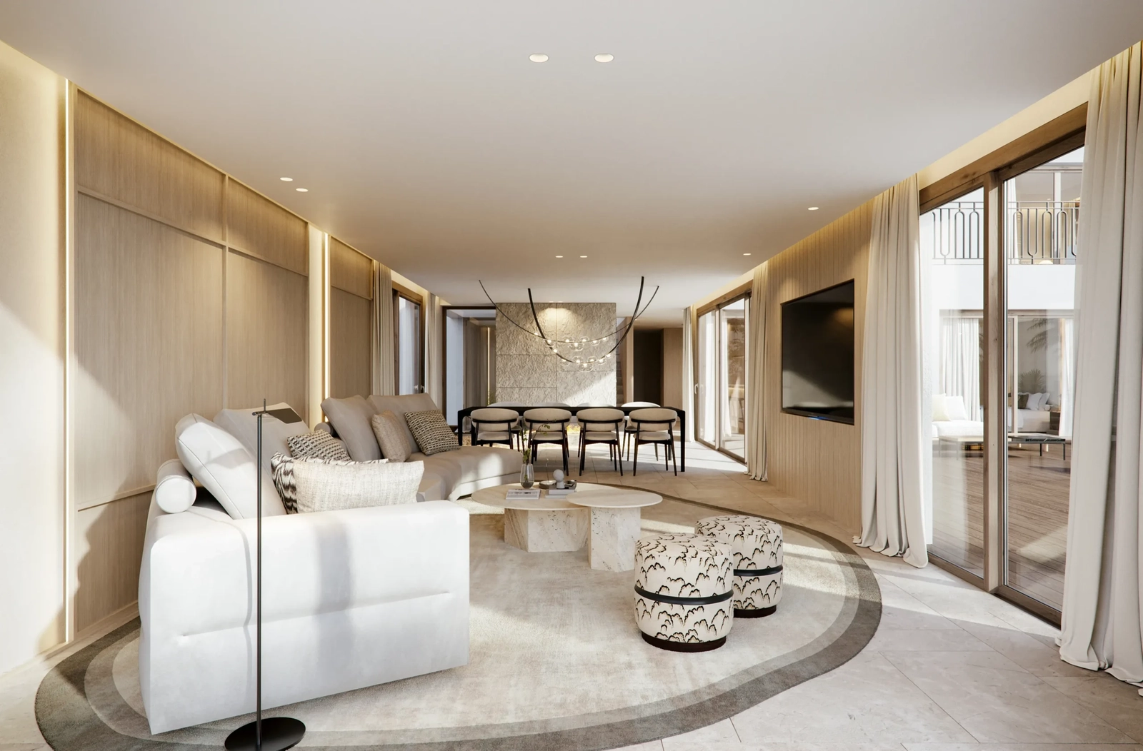 Store vinduer forbinder de indvendige opholdsrum med de smukke udendørs terrasser, hvilket skaber en flydende boligoplevelse.