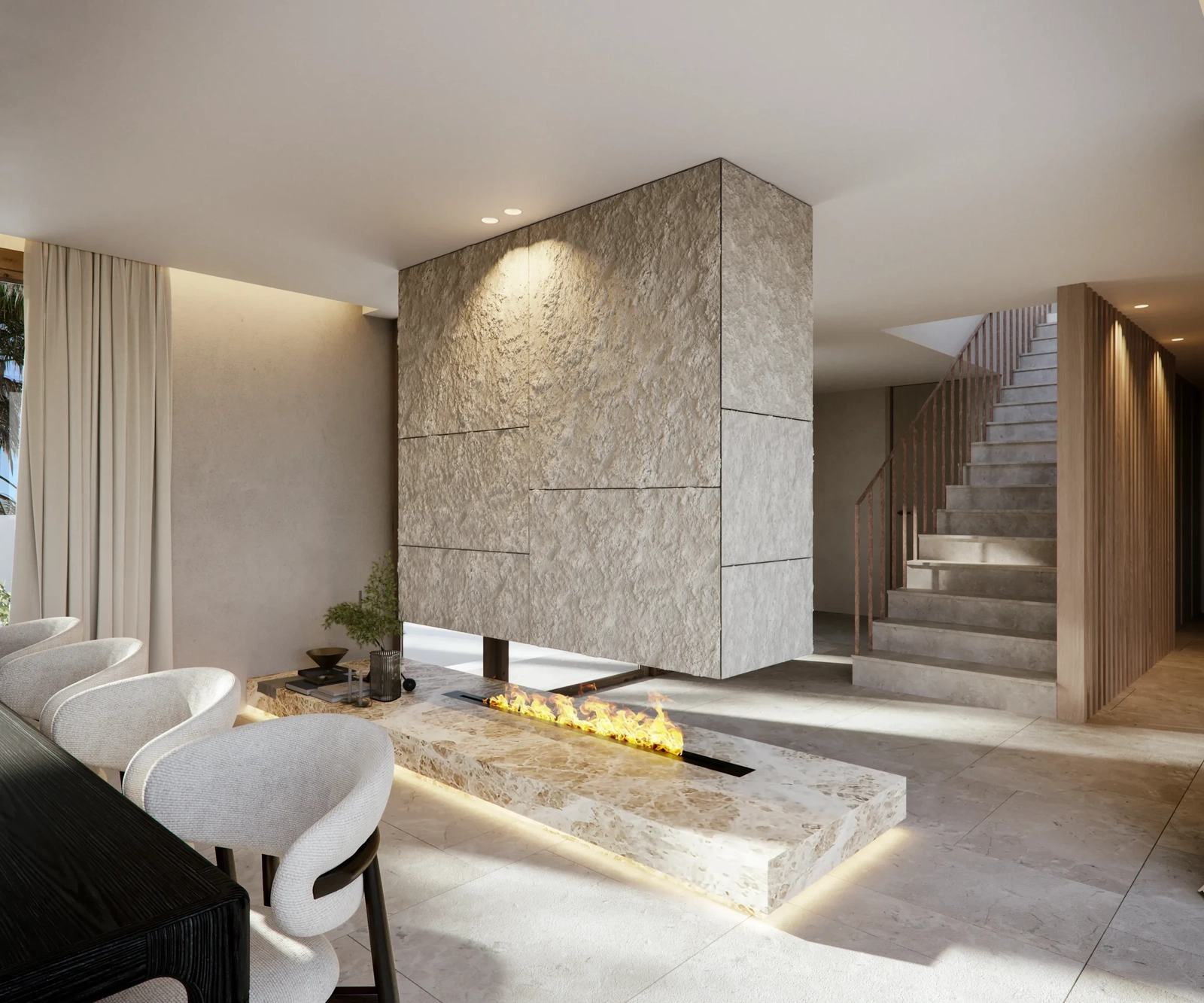 En moderne pejs udført i natursten fungerer som et fantastisk midtpunkt, der tilføjer varme og stil.