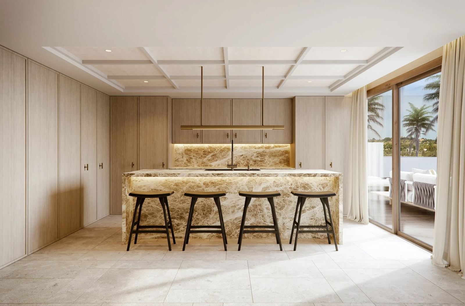 Designerkøkkenet har en markant marmorø og topmoderne hårde hvidevarer, perfekt til både hverdagsbrug og underholdning af gæster.