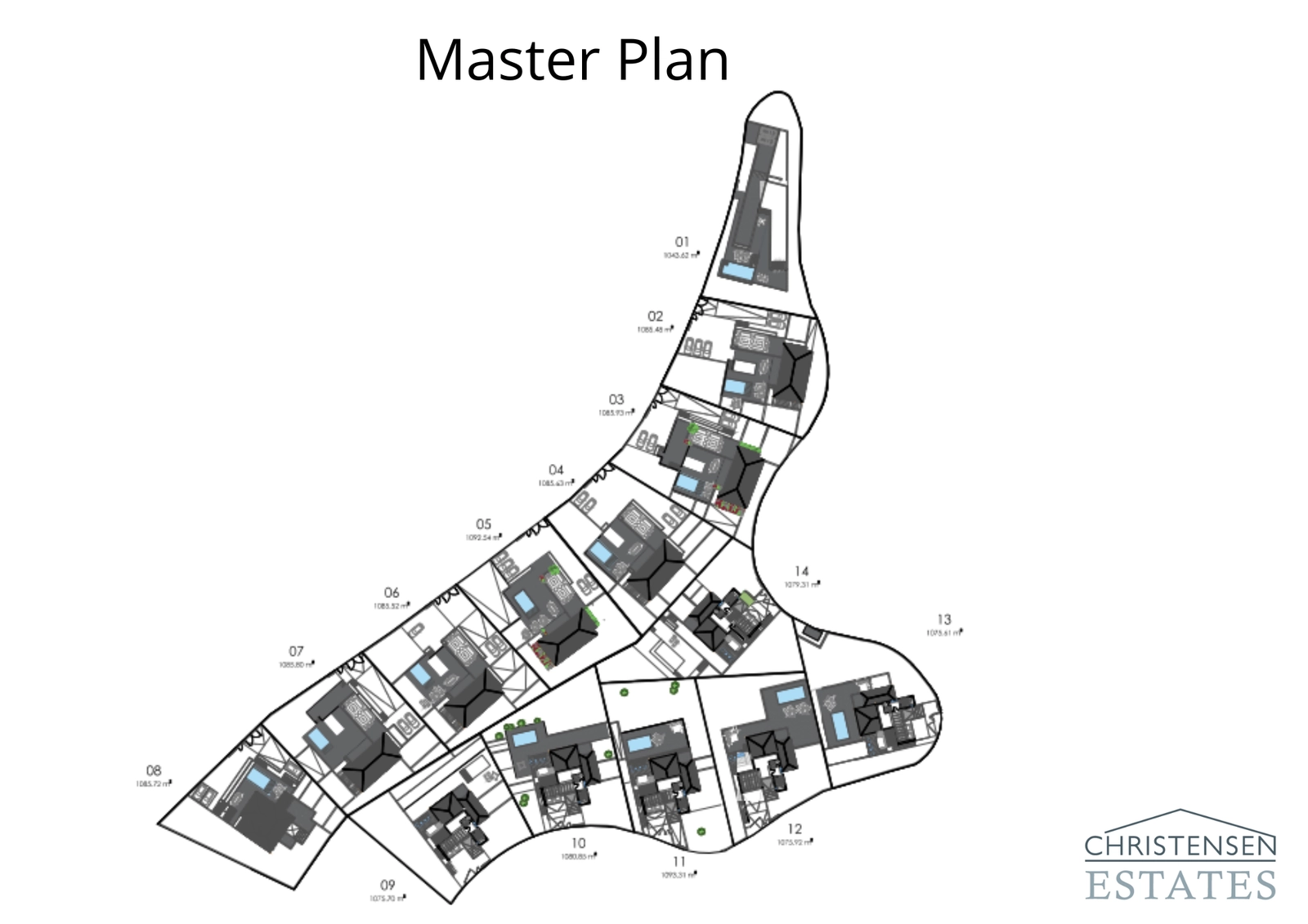 Denne masterplan illustrerer den eksklusive og private indretning af bebyggelsen, hvilket sikrer ro og plads til hver bolig.