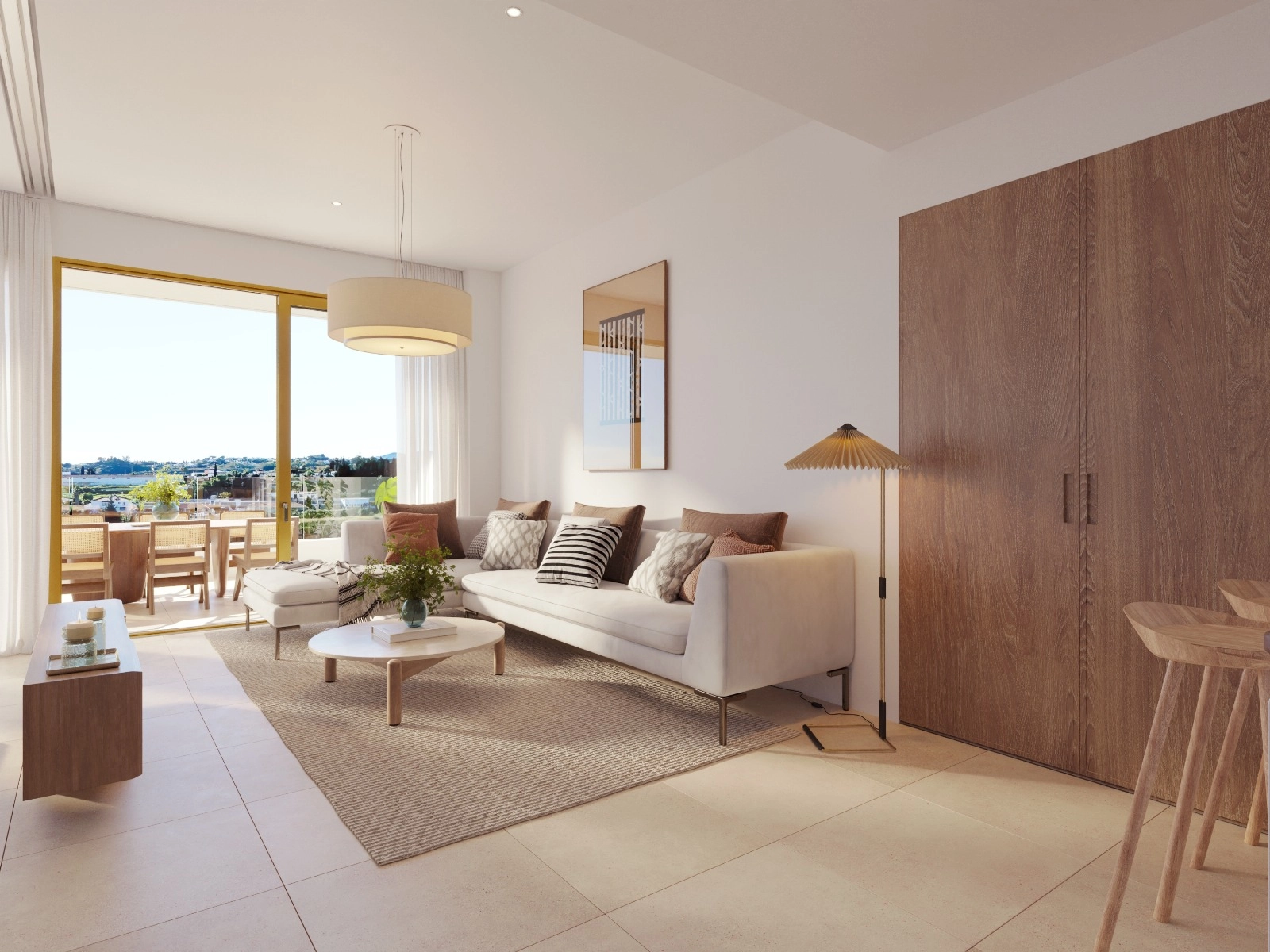 Et lyst og moderne opholdsrum, designet med materialer af høj kvalitet for ultimativ komfort.