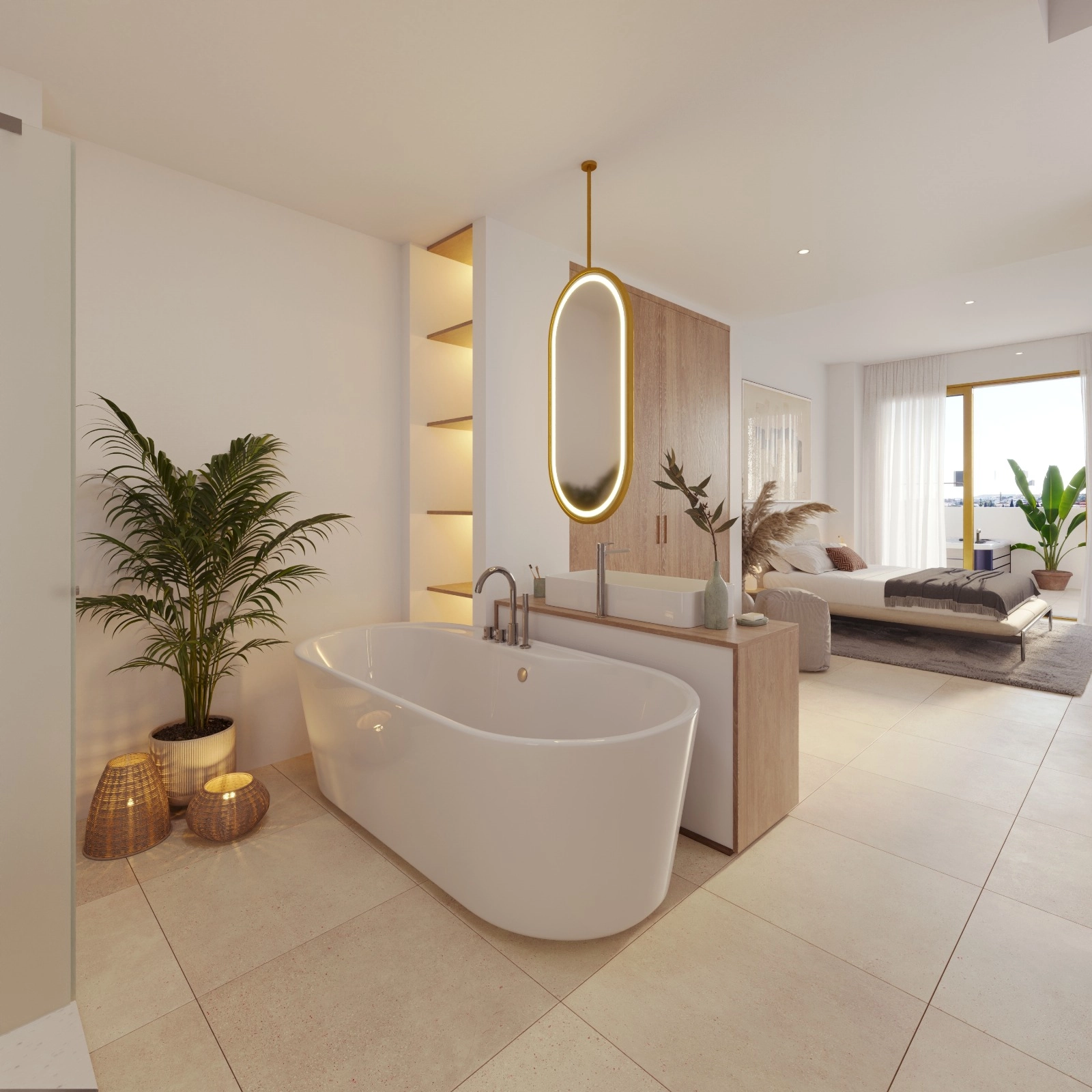 Et smukt indrettet badeværelse med et fritstående badekar, der skaber en spa-lignende oplevelse derhjemme.