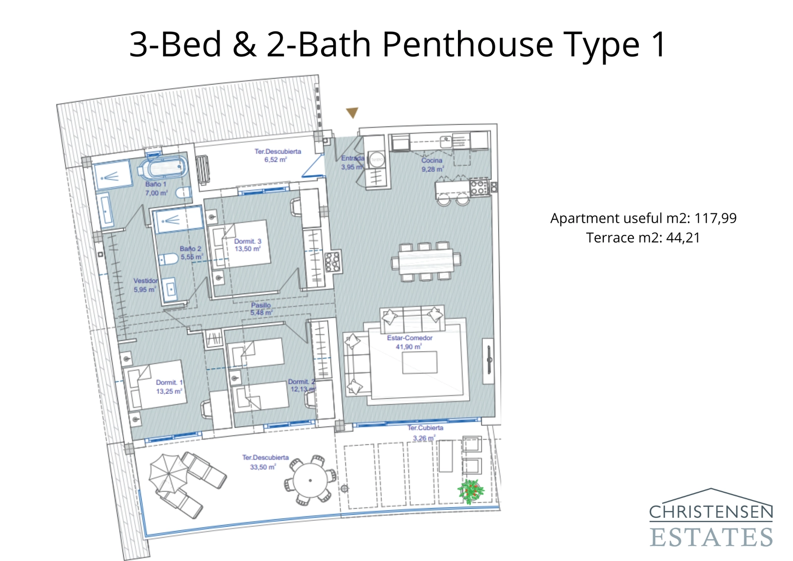 Denne 3-værelses penthouse-lejlighed tilbyder et intelligent design i ét plan med rummelige opholdsrum og store terrasser for at maksimere nydelsen af udsigten.