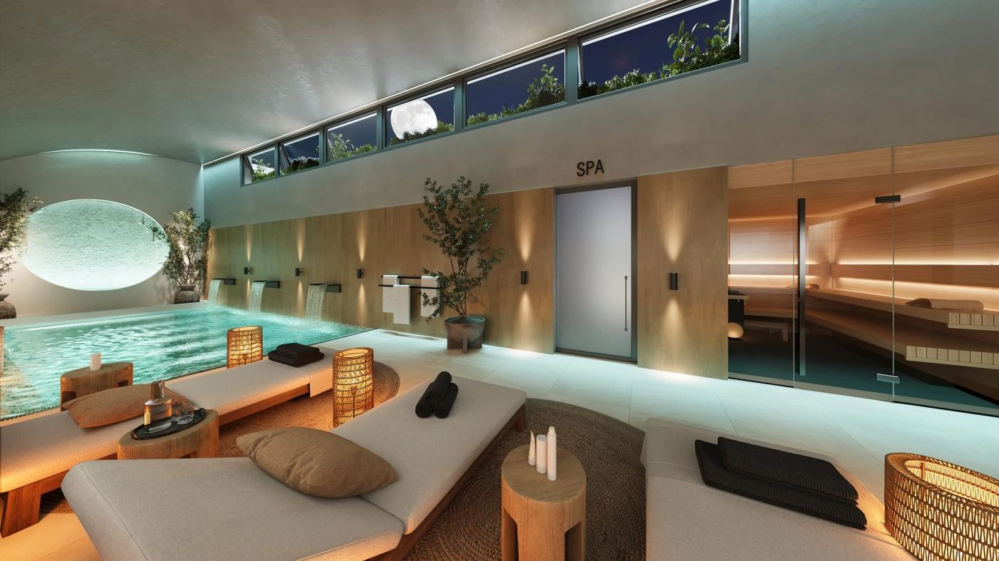 Den luksuriøse indendørs spa med opvarmet pool og sauna, der tilbyder afslapning og velvære året rundt.