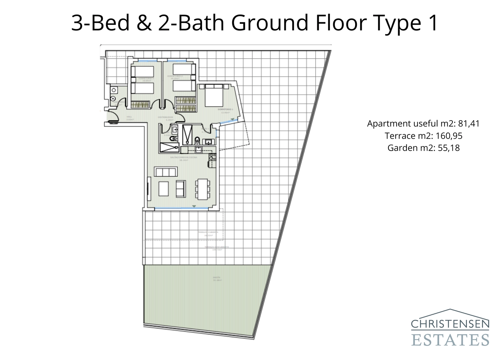 En rummelig tre-værelses bolig i stueetagen, komplet med en stor terrasse og en privat have for ultimativt udeliv.