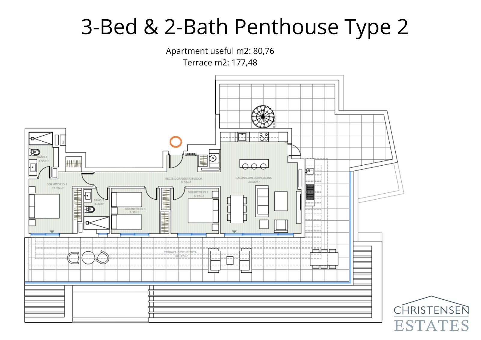 En imponerende tre-værelses penthouseindretning med en stor terrasse, perfekt til underholdning og til at nyde panoramaudsigten over Costa del Sol.