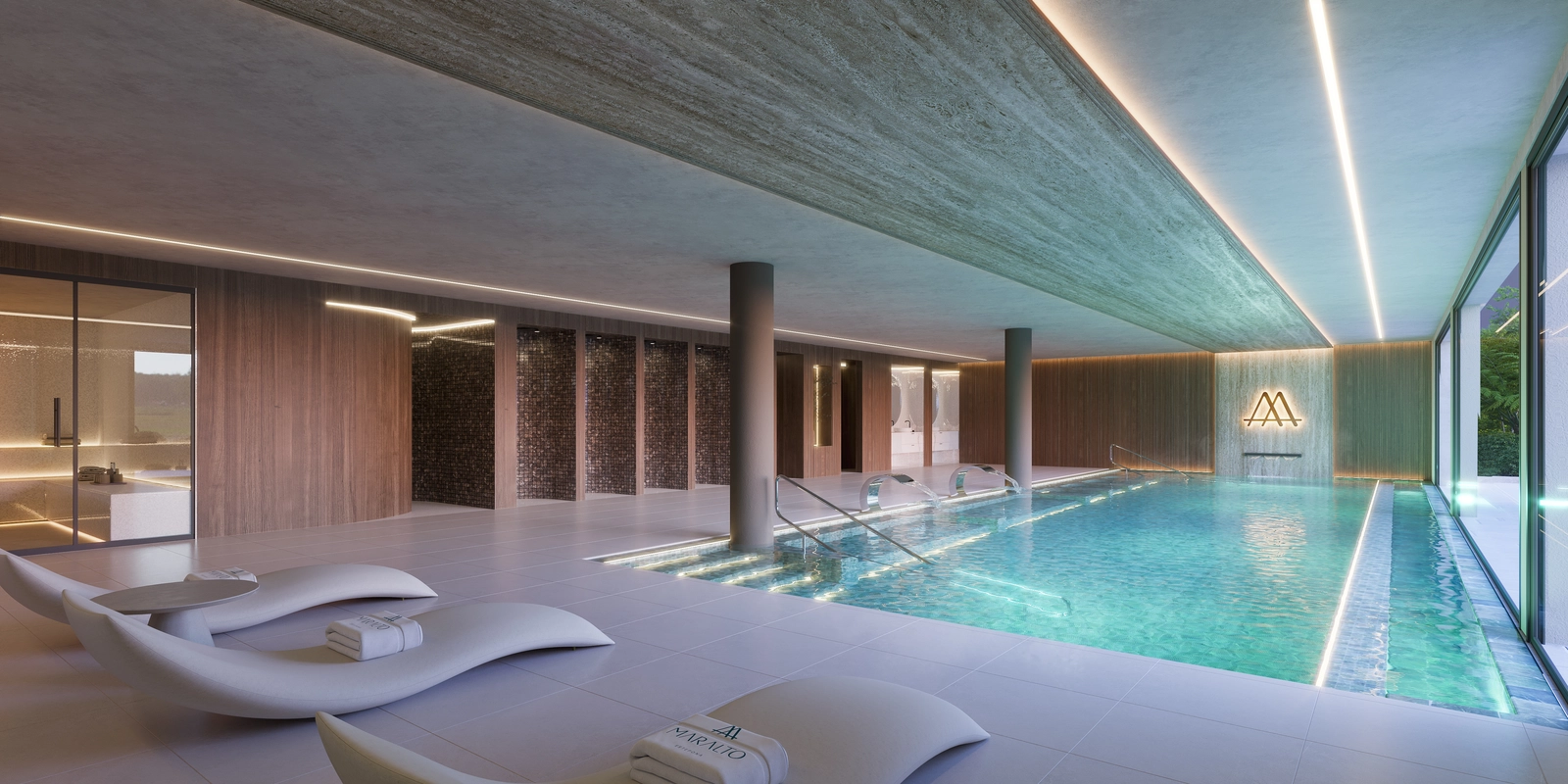 Den luksuriøse indendørs spa-pool, der giver en perfekt wellness-oase, som beboerne kan nyde året rundt.