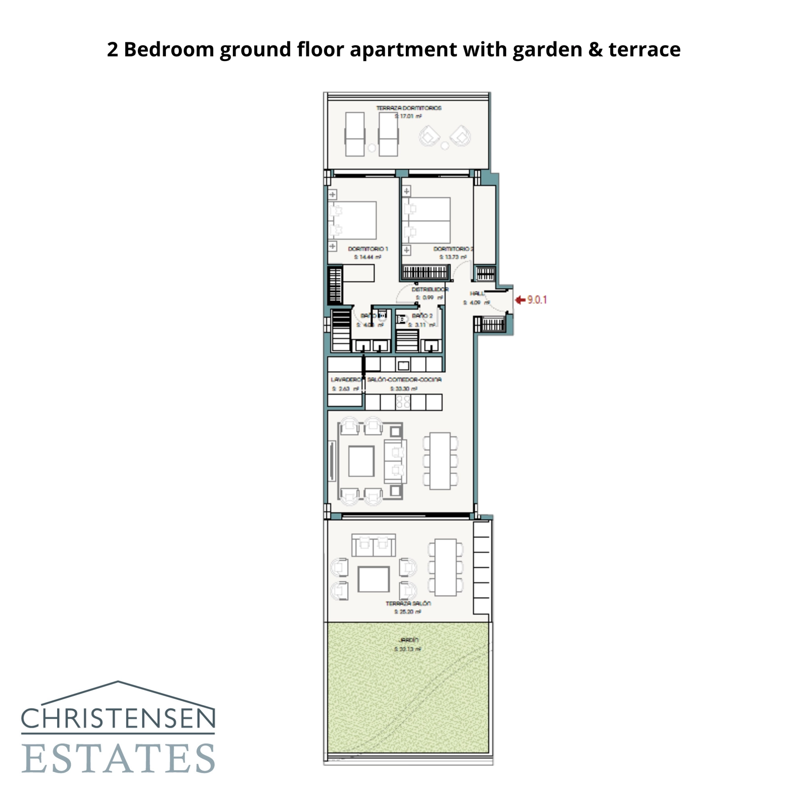Denne plantegning for en toværelses stuelejlighed viser et rummeligt layout med direkte adgang til en privat have og terrasse, der tilbyder en problemfri indendørs-udendørs livsoplevelse.