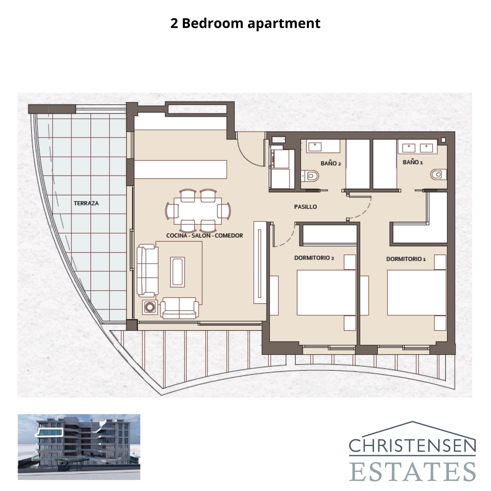 Plantegning for en rummelig toværelses lejlighed med åbent opholdsområde og en stor terrasse for at maksimere udsigt og lysindfald.