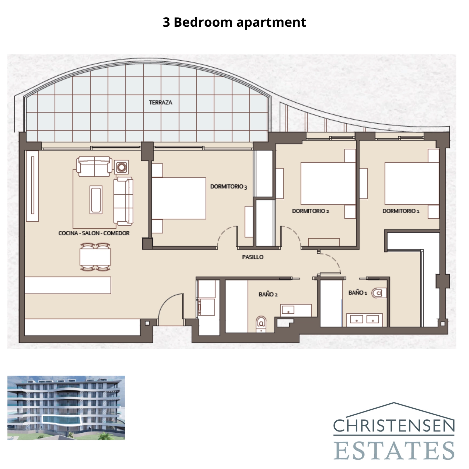Plantegning for en bolig med tre soveværelser, designet til familiekomfort med generøse rumstørrelser og en flydende overgang til udendørsarealerne.