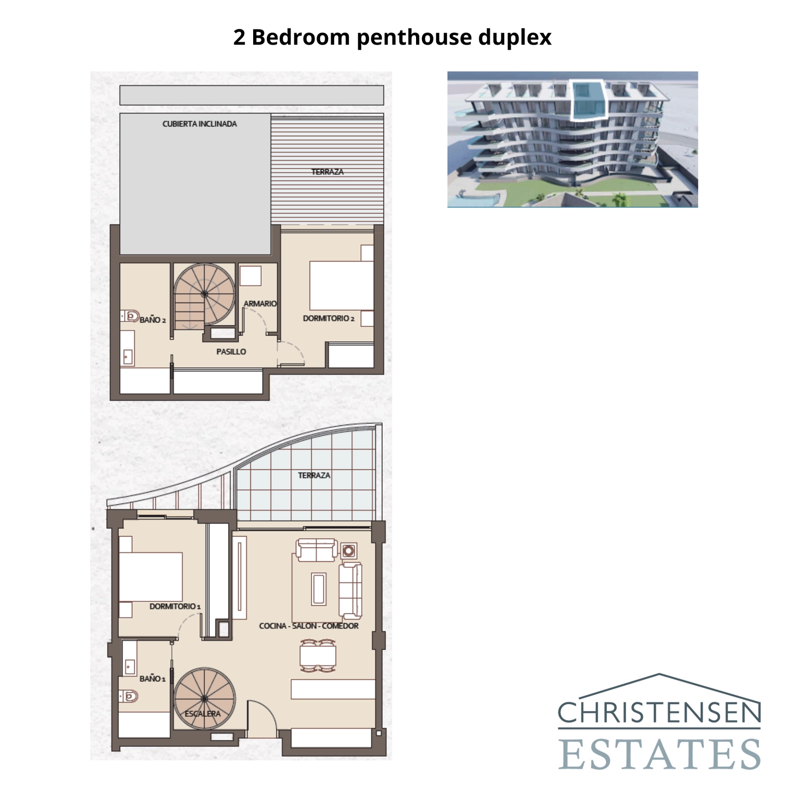 Denne toværelses duplex penthouselejlighed tilbyder et unikt design i to niveauer, der giver adskilte opholds- og private områder for en forbedret livsstil.