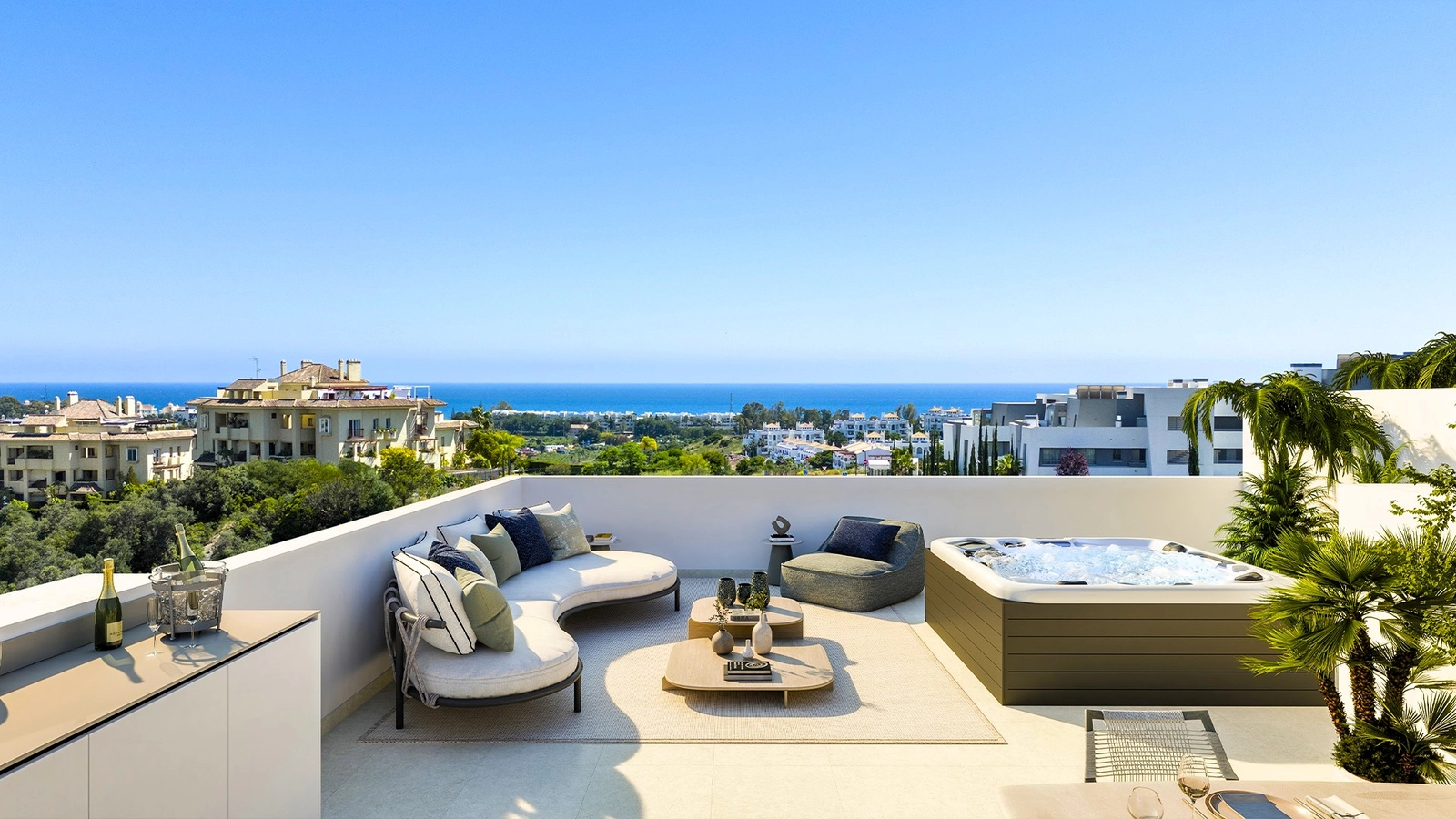 Villaens tagterrasse/solarium, komplet med et spabad, er den ultimative ramme for at nyde det spanske klima.