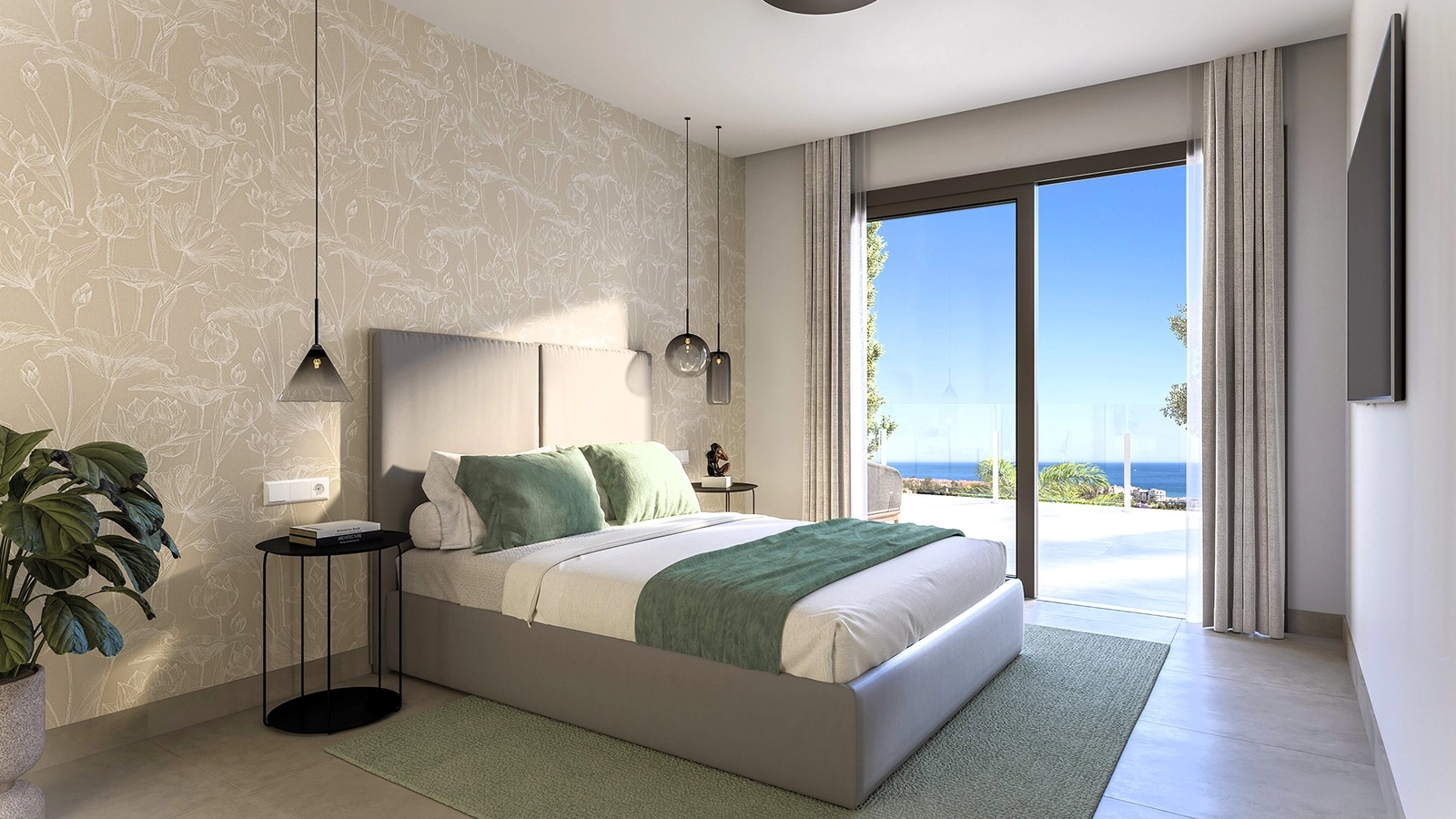 Vågn op til smuk havudsigt fra soveværelset, som åbner direkte ud til en privat terrasse.