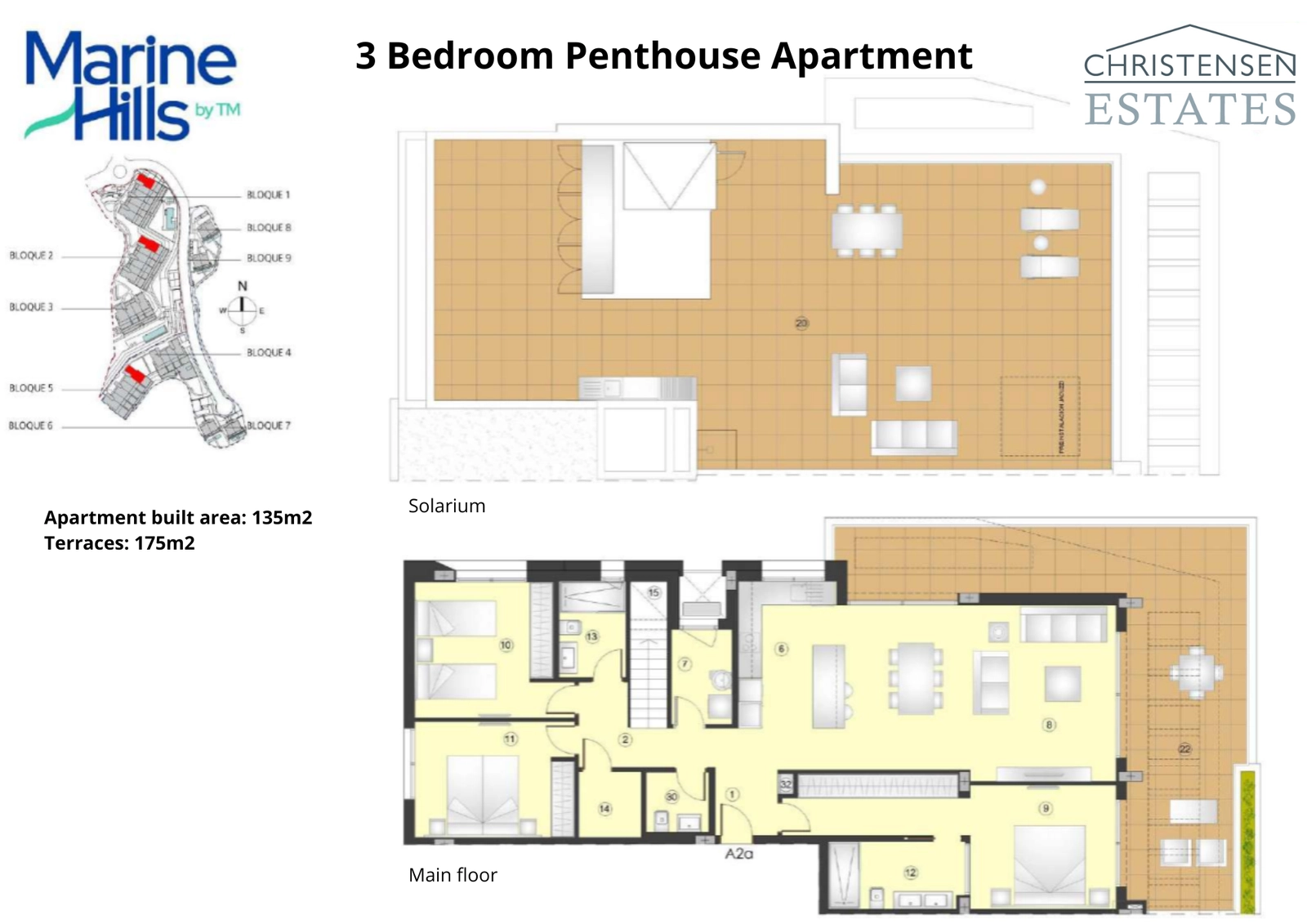 Oplev plantegningen for en penthouselejlighed med tre soveværelser, der byder på et stort tagterrasse/solarium for den ultimative luksuriøse livsstil.