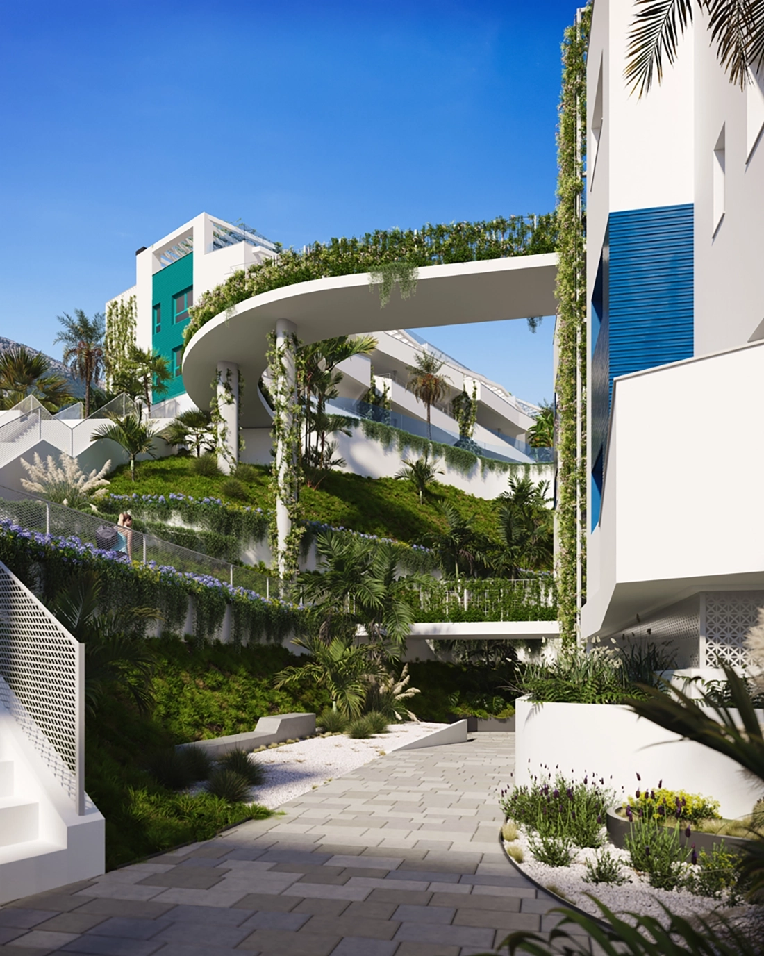 Smukt anlagte haver og gangstier forstærker roen i bebyggelsen.