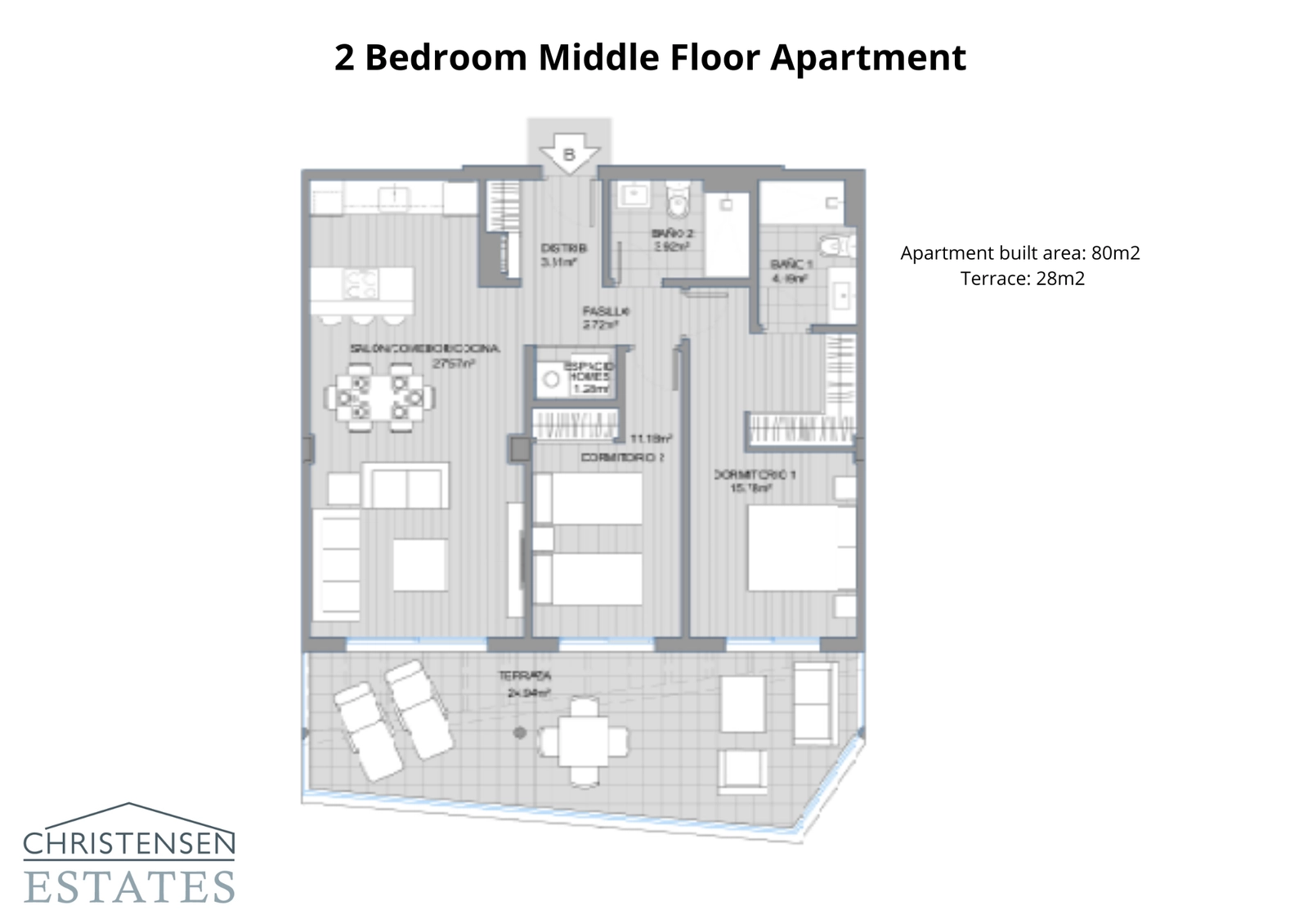 En veldesignet plantegning for en toværelses lejlighed, der tilbyder en komfortabel indretning med et åbent opholdsområde og en rummelig terrasse.