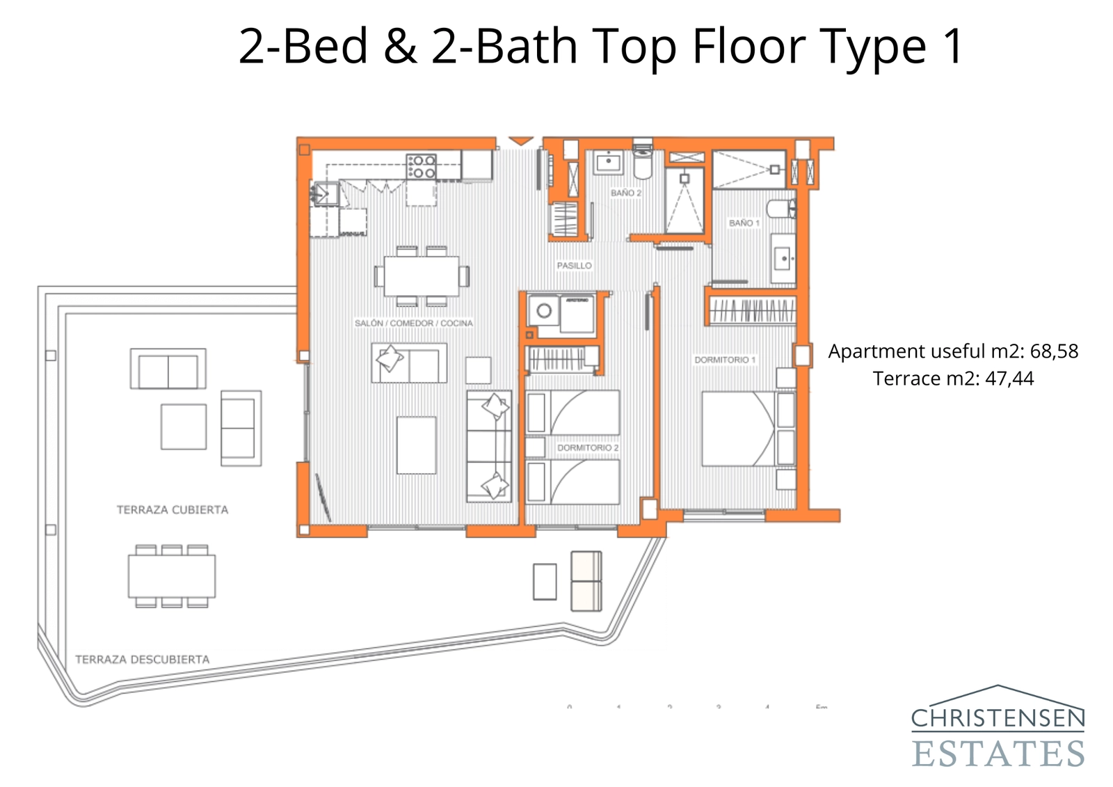 En fremragende layout på øverste etage med to soveværelser og en usædvanlig stor terrasse, ideel til udendørs spisning og til at nyde det spanske klima.
