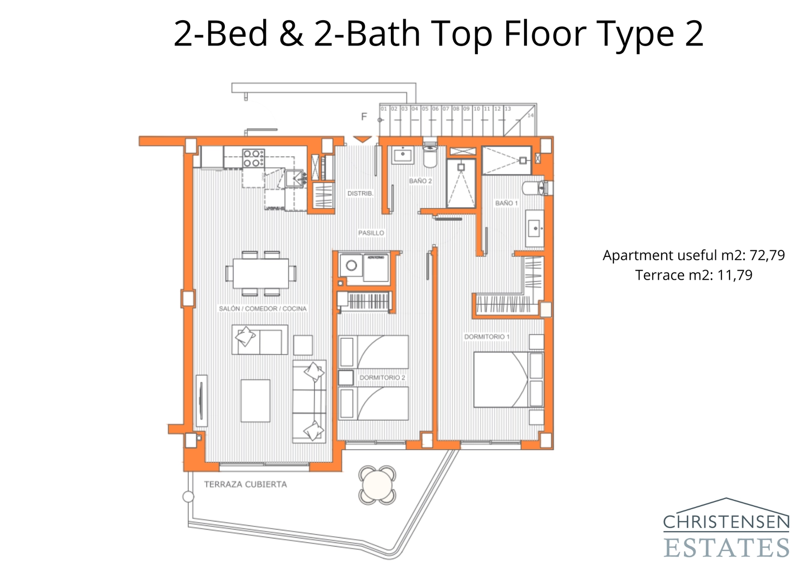 Dette effektive lejlighedsdesign på øverste etage tilbyder to komfortable soveværelser og en sømløs overgang fra det indendørs opholdsrum til den private terrasse.