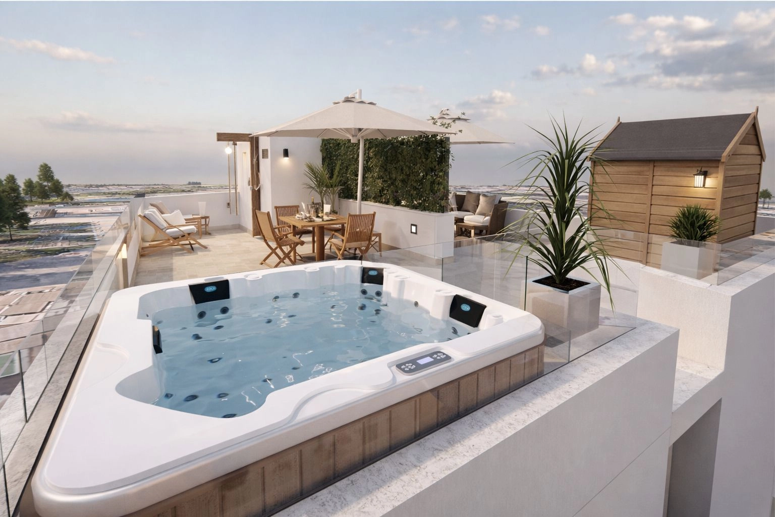 Forestil dig at slappe af i dit private jacuzzi med udsigt over hustagene.