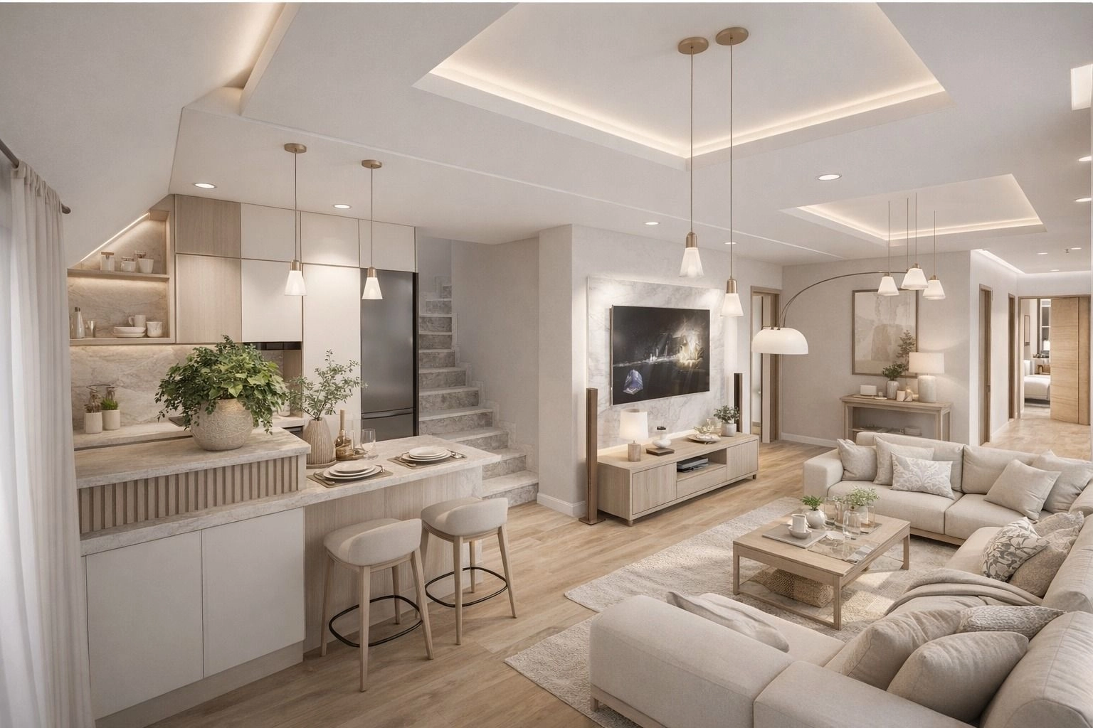 Et lyst og elegant opholdsrum, designet til moderne komfort.