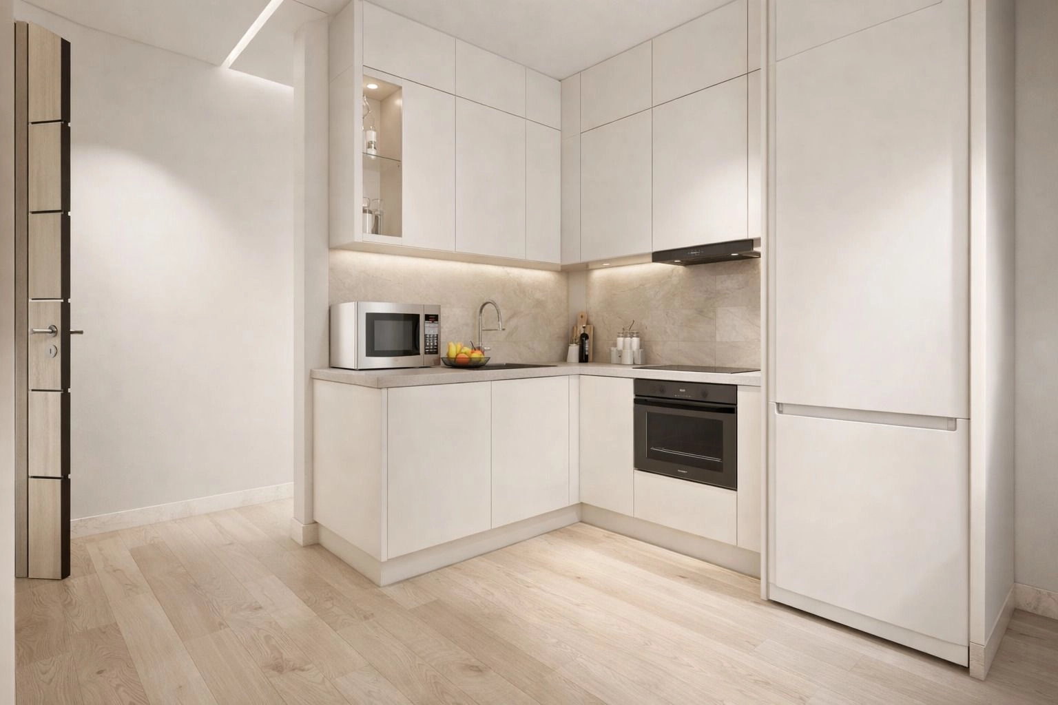 Et fuldt udstyret køkken i høj kvalitet med et rent og minimalistisk design.