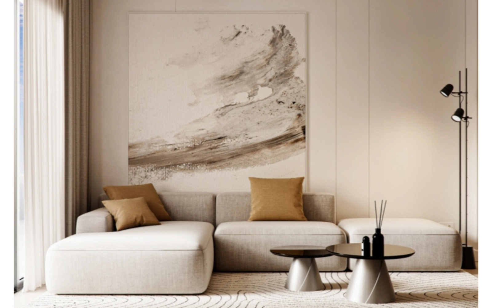 Lyse og rummelige opholdsrum designet til komfort og afslapning, med en neutral, moderne æstetik.