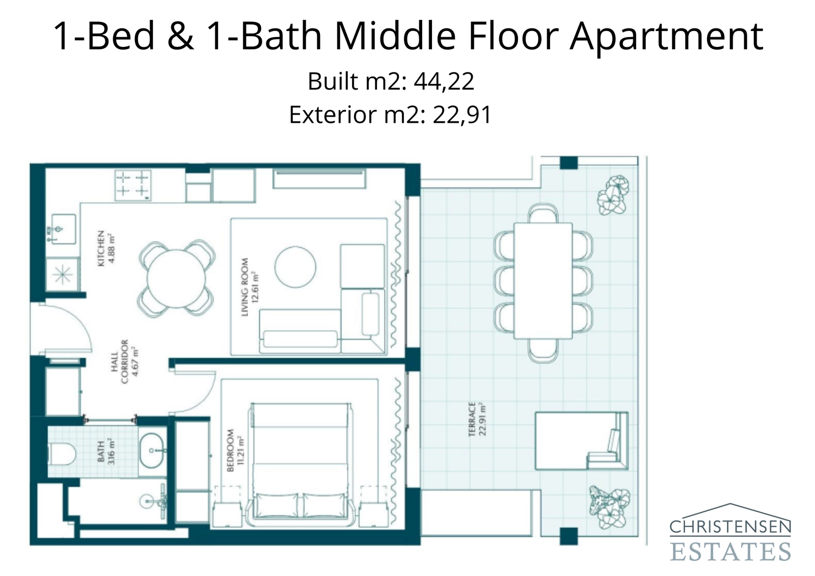 En veldesignet etværelses lejlighedsplan for de mellemste etager, der tilbyder en funktionel indretning og en privat terrasse.