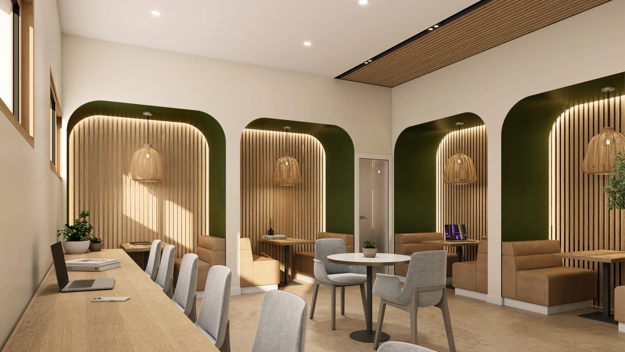 Et stilfuldt og funktionelt co-working-område, der giver et behageligt miljø til arbejde eller møder.