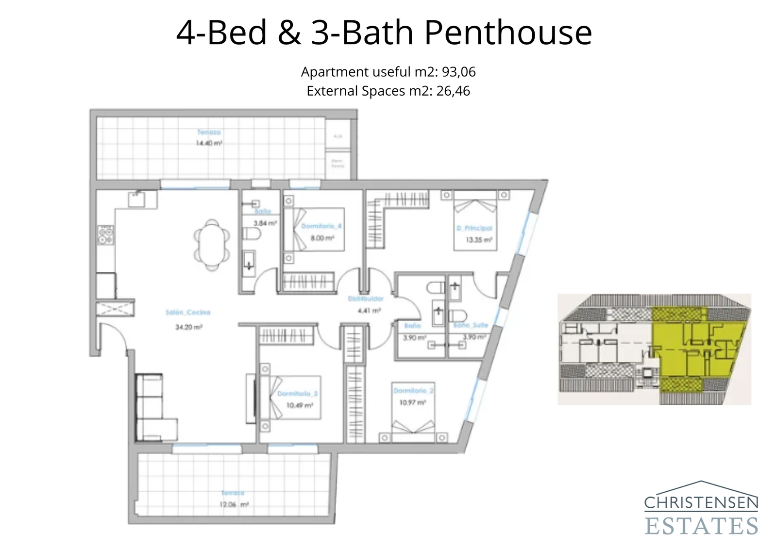 En rummelig fire-værelses penthouse-planløsning, designet til luksusliv med et stort opholdsrum og to separate terrasser til at nyde udsigten.