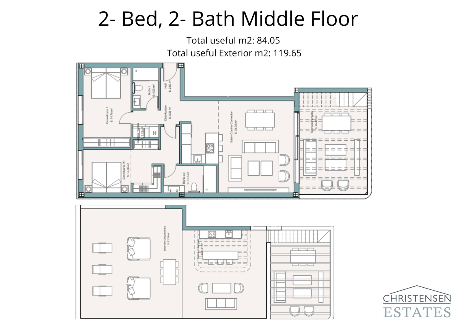 En veldesignet toværelses lejlighedsplan med omfattende udendørs opholdsrum fordelt på flere terrasser.