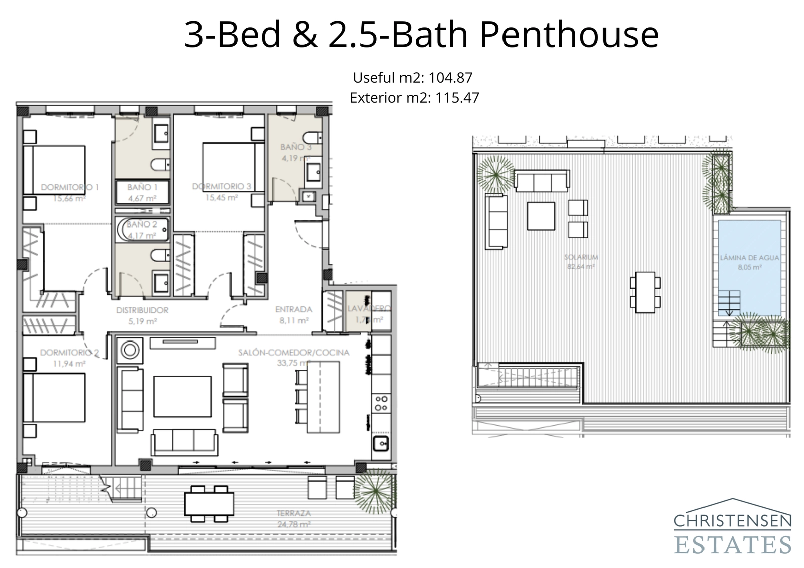 Plantegningen for en tre-værelses penthouselejlighed, med et stort tag solarium perfekt til underholdning og til at nyde solen.