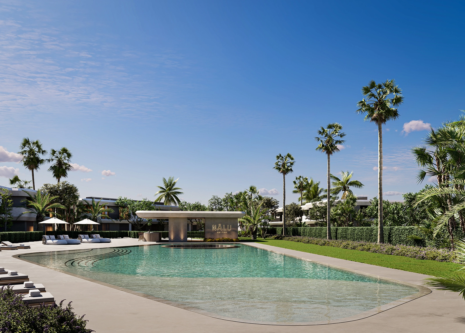 Slap af ved den smukke udendørs infinity-pool omgivet af frodige haver.