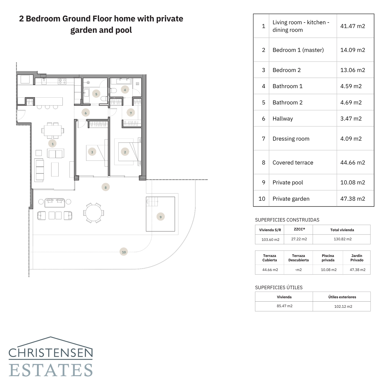 Et rummeligt stueplanslayout med to soveværelser, der inkluderer en generøs privat have og swimmingpool.