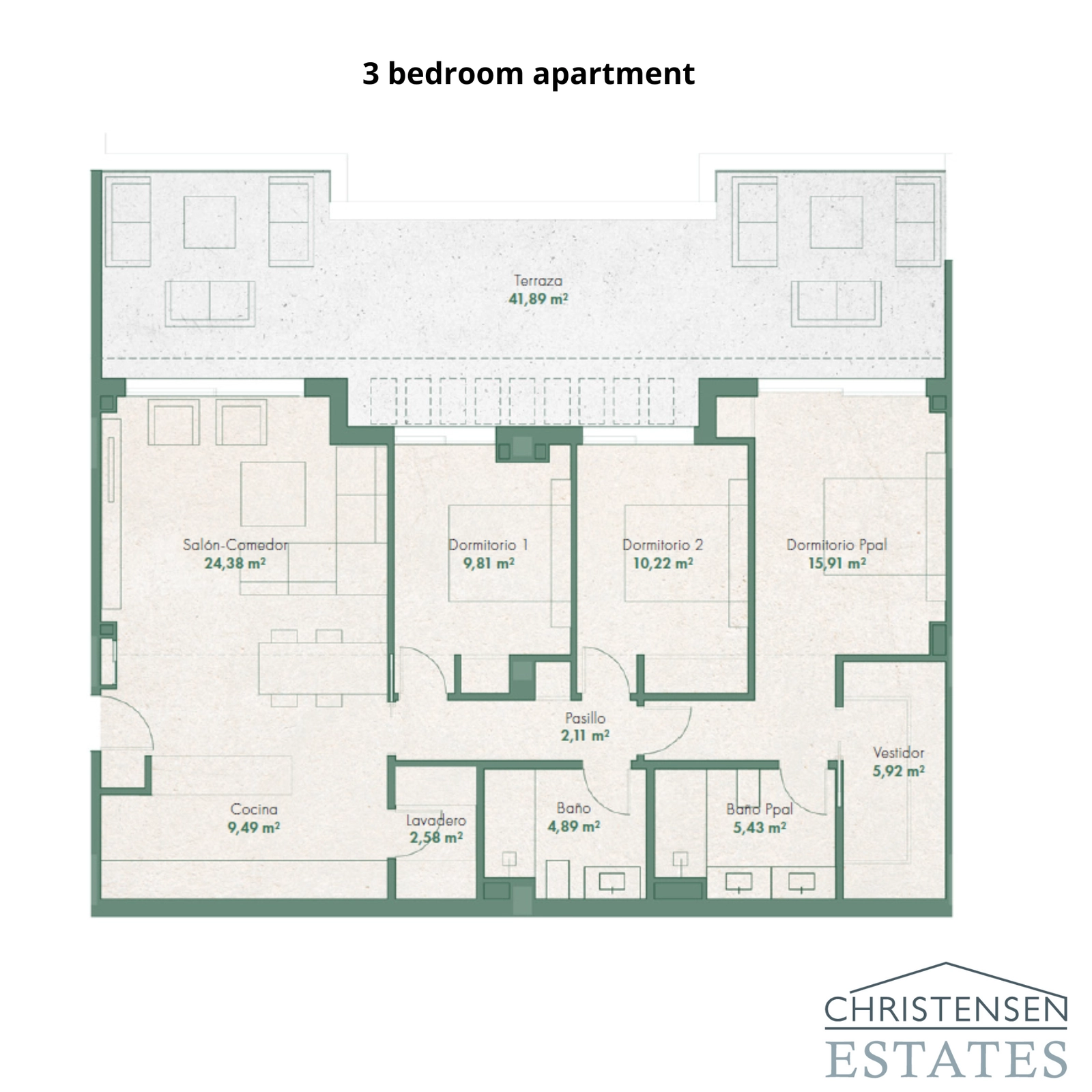 Denne planløsning med tre soveværelser tilbyder generøs boligplads, der problemfrit forbinder til en stor terrasse for en ideel indendørs-udendørs livsstil.