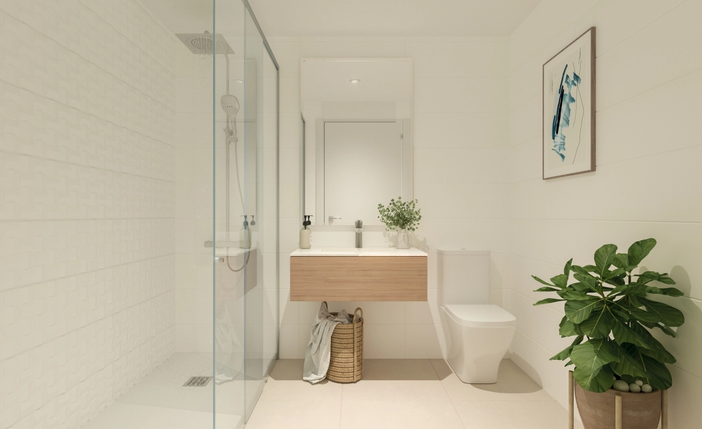 Et stilfuldt og moderne badeværelse med materialer og finish af høj kvalitet.