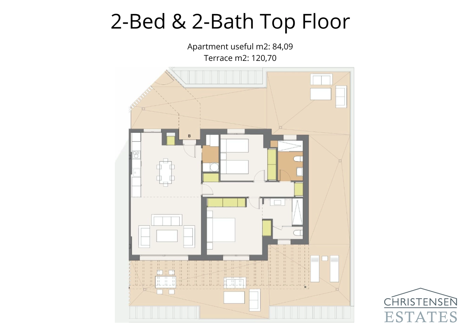 Lejlighed på øverste etage med to soveværelser og en stor terrasse, der tilbyder privatliv og storslået udsigt.
