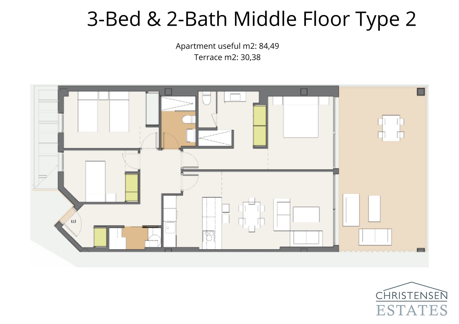 Alternativ indretning med tre soveværelser, der tilbyder en smart fordeling af plads og en stor privat terrasse.