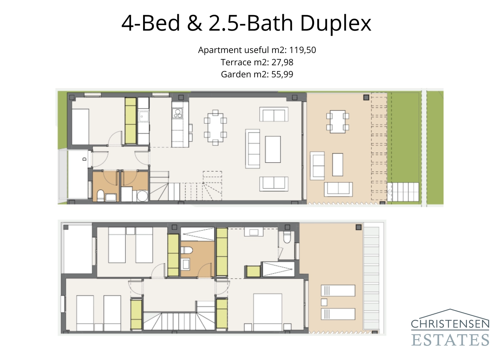 Duplekslejlighed med fire soveværelser, der tilbyder to etager med sofistikeret boligareal og en privat have.