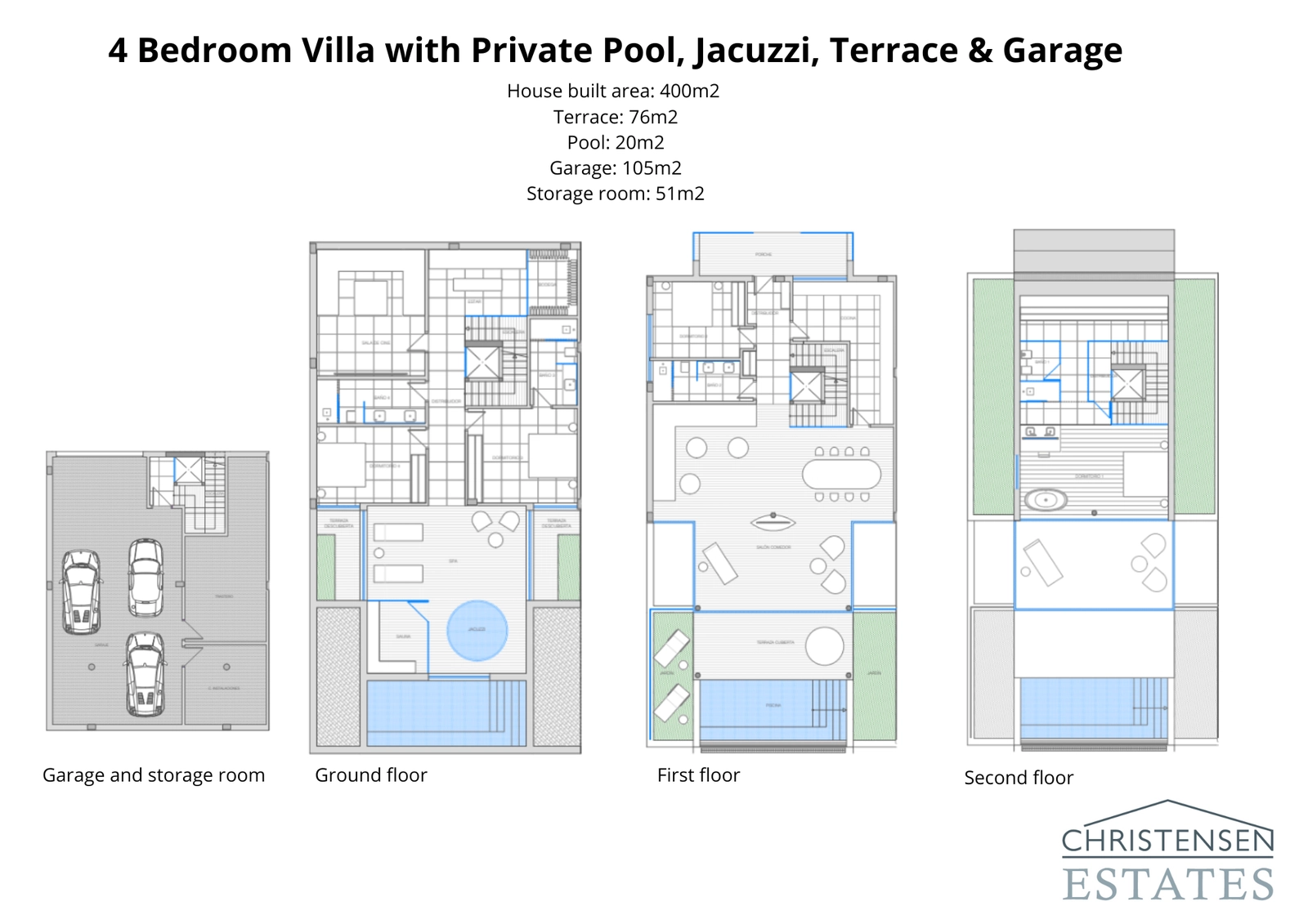 Plantegning for den storslåede 400 m² fire-værelses villa, der viser det rummelige design i flere niveauer, garage, privat swimmingpool og store terrasser.